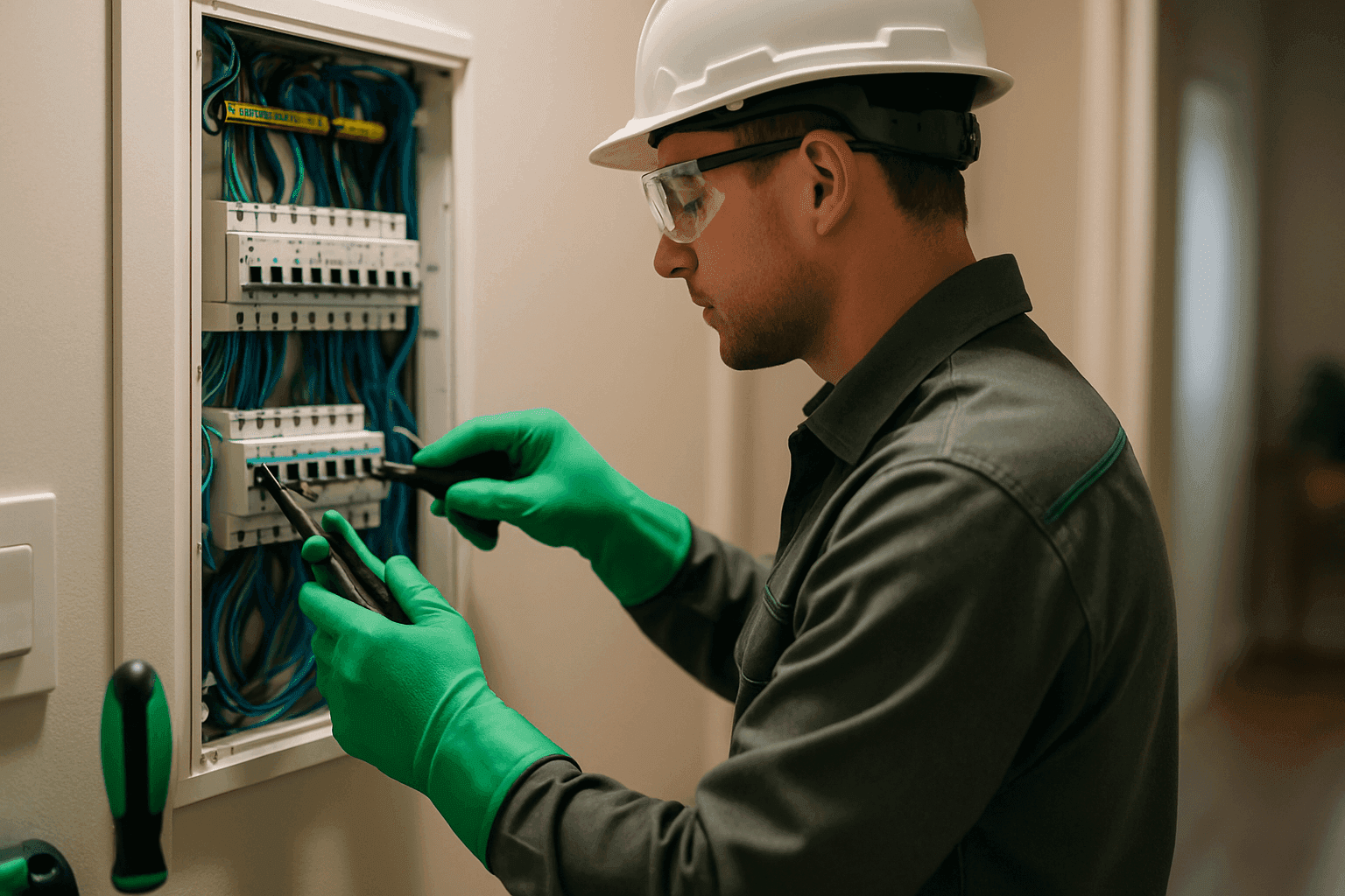 Professional residential electrician in PPE working on a clean home electrical panel
