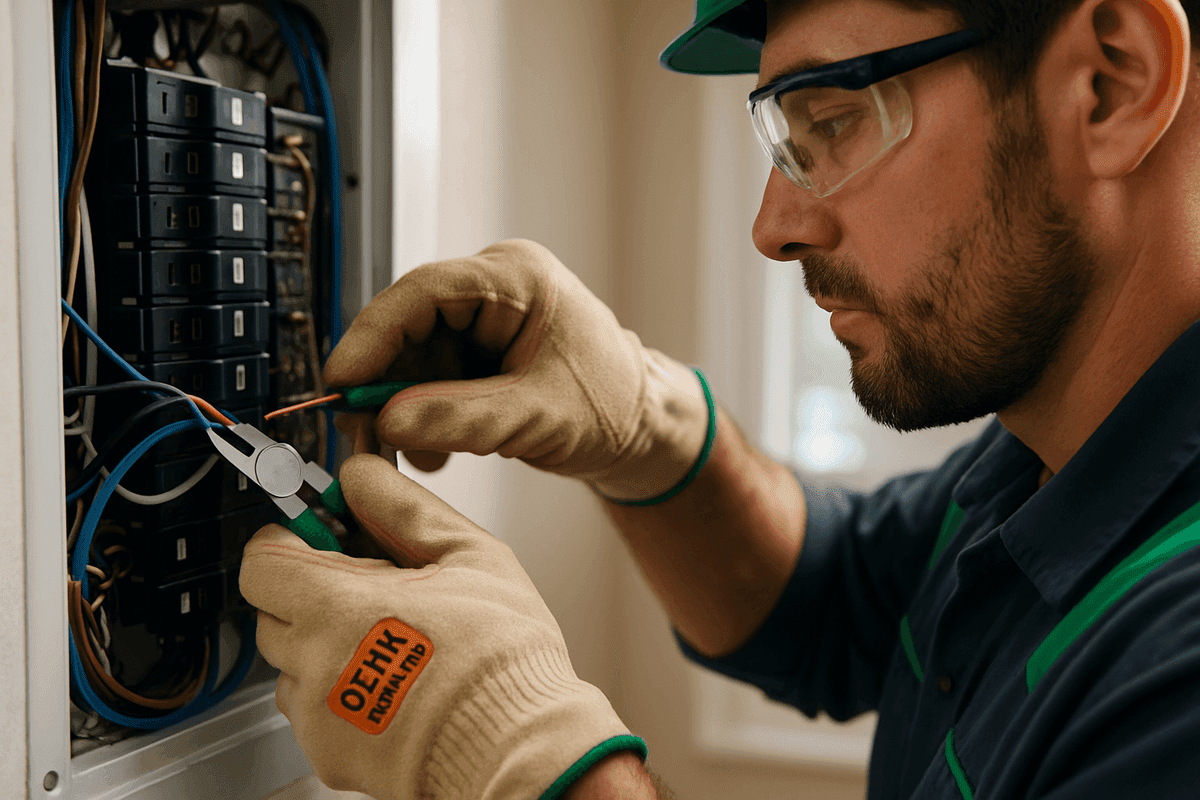 Close-up of electrician’s gloved hands connecting wires inside a residential electrical panel